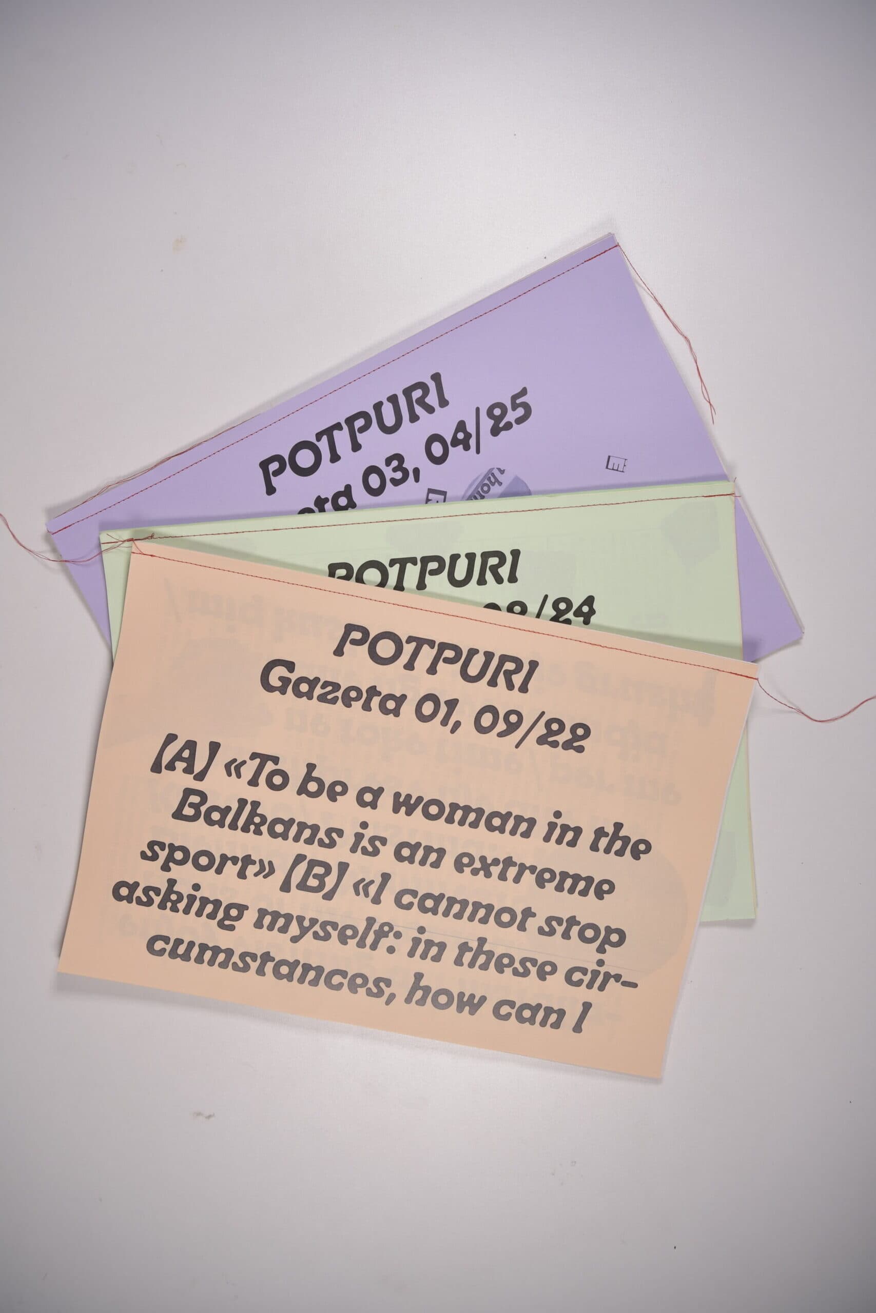 From its first edition onward, Potpuri framed itself as a shared act of resistance. Its aim was not nostalgia for print but the defense of a cultural format that allows for depth, care, and complexity — qualities often undermined in the digital environment. Over time, this small initiative evolved into a living, collaborative translocal platform connecting people across Kosovo, Switzerland, and the Balkan diasporas. Today, Potpuri functions as a non-hierarchical, grassroots collective operating between two countries, producing a yearly printed publication through a slow, thoughtful, and highly participatory process.<br />
<br />
Now in its fourth annual cycle, the collective continues to host Potpuri Labs, bringing new authors and researchers into its workflow. Each edition of Potpuri Gazeta is produced through a collaborative editorial and design process and is then self-printed and hand-sewn by the writers themselves. This approach reinforces the project’s ethos: print is not simply a product but a practice of care, a material expression of collective labor and shared knowledge.